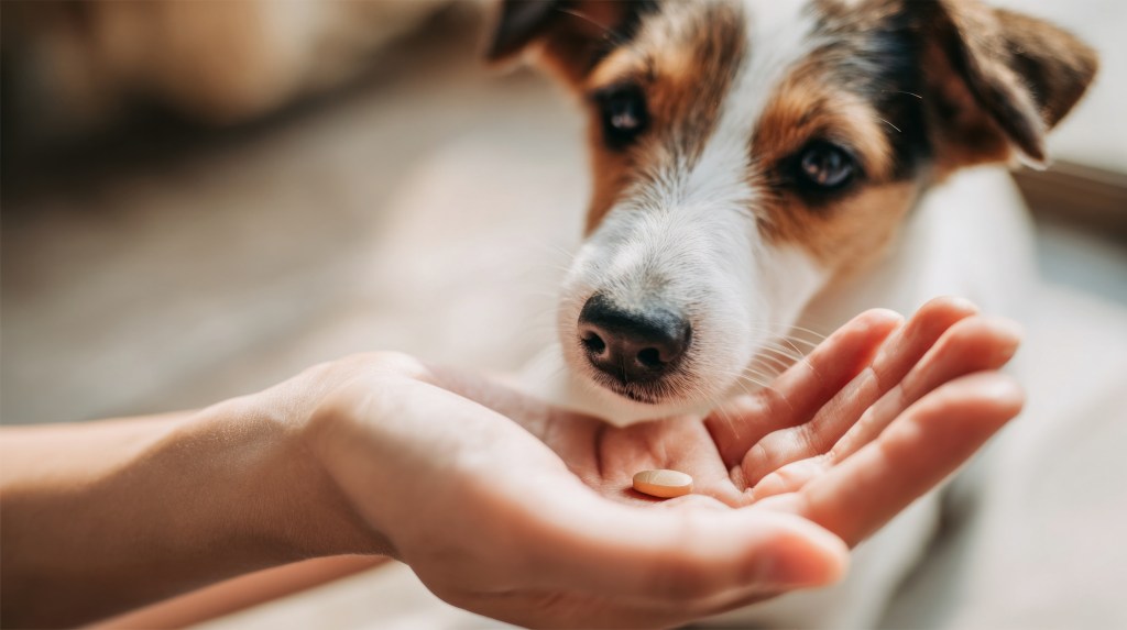 Hand giving medicine tablet to a small jack russell dog, administering treatment for pet health and wellness