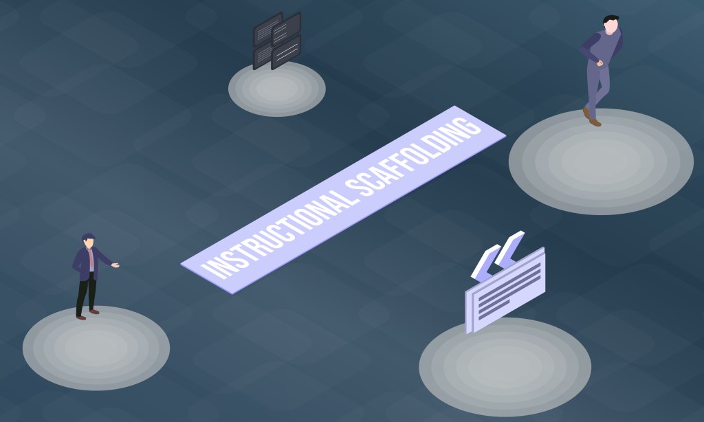 Isometric graphic showing four platforms connected by a diagonal banner labeled “Instructional Scaffolding,” with icons of a presenter, a thinker, computer screens, and code brackets representing supported learning.