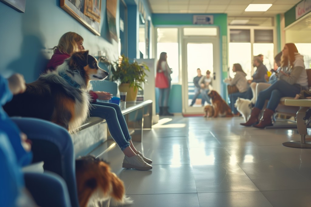 Busy veterinary hospital waiting room with pets and their owners waiting