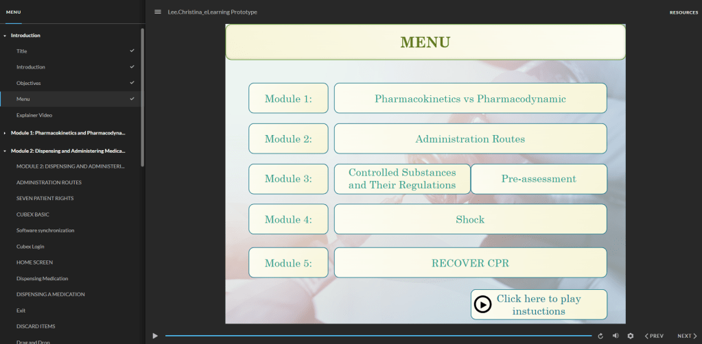 Screenshot of the Menu for Pharmacology Foundations for Patient Centered Veterinary Nursing