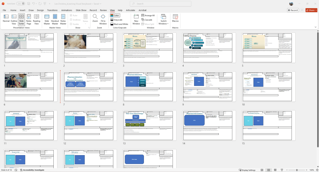 PowerPoint slide sorter view showing sequenced storyboard slides for a pharmacology training module prior to development in Storyline 360.