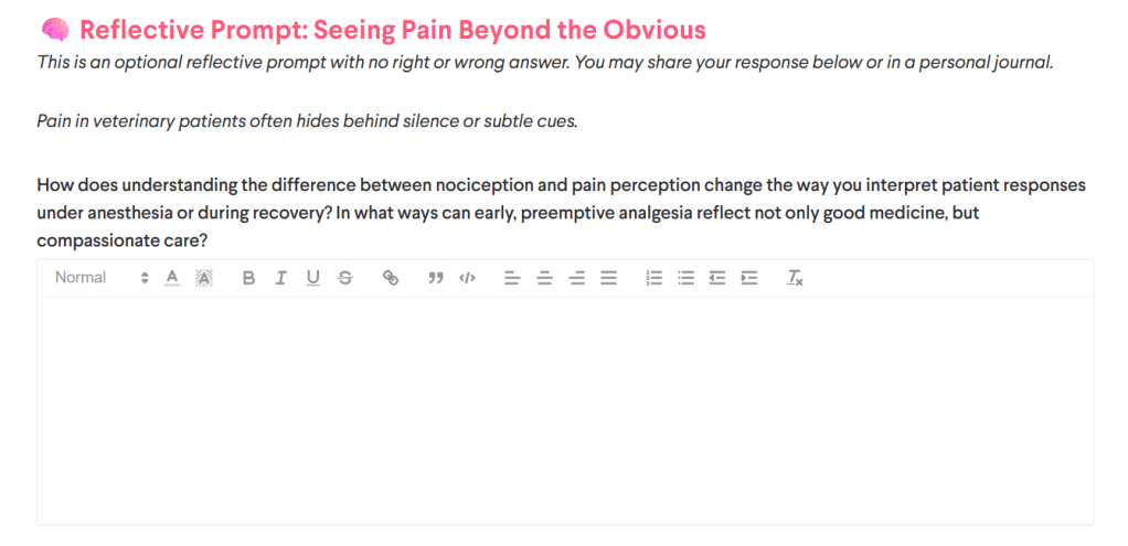 Slide displaying an optional reflective prompt about nociception, pain perception, and compassionate analgesia in veterinary patients.